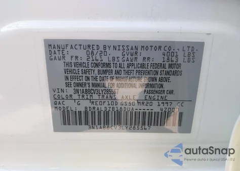 2020 Nissan Sentra Sv Xtronic Cvt z USA, uszkodzony, nr VIN 3N1AB8CV3LY285567